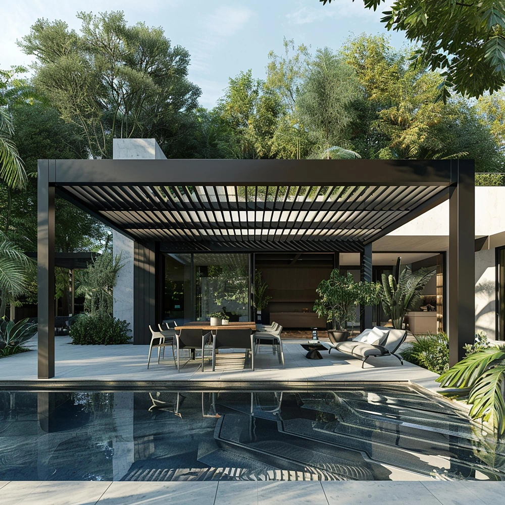 Modern aluminum pergola installation by Patios Dallas in Dallas TX featuring luxury outdoor seating and poolside design